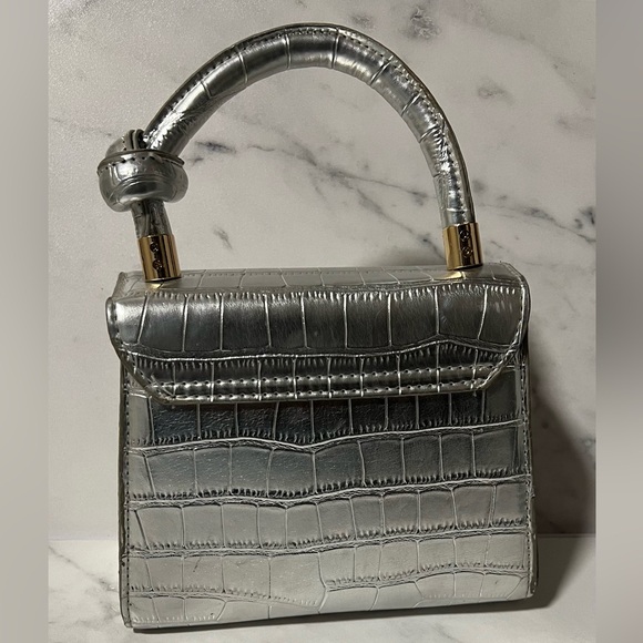 Silver Crocodile-Embossed Mini Handbag with Chain Strap - Picture 4 of 10
